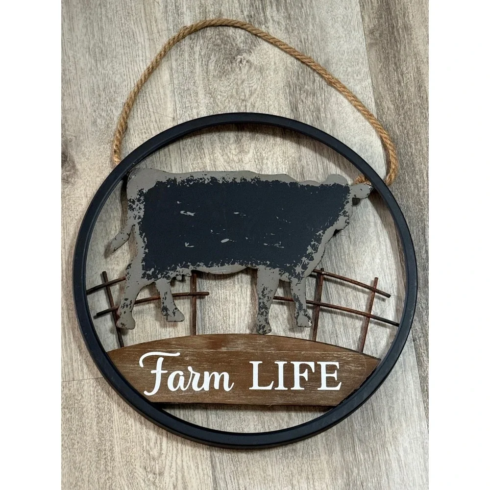 Farm‎ Life Cow Metal Wall Decor Round Barnyard Rustic Home Accent